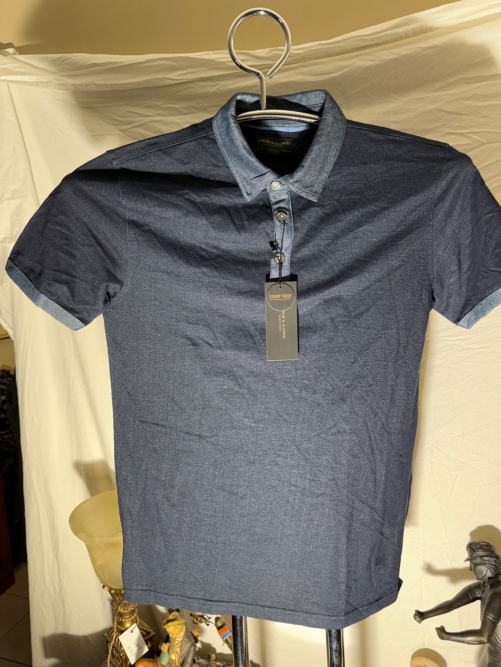 Denim & Flower Dark Blue Polo with Light Chambray Trim